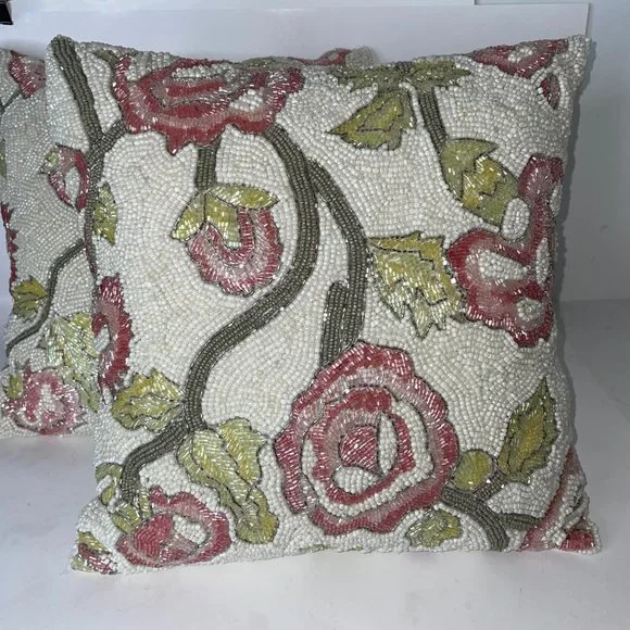PRIMROSE VINTAGE Set of 2 Floral Pink Rose Beaded 12” Throw Decorative Pillows - Picture 13 of 15